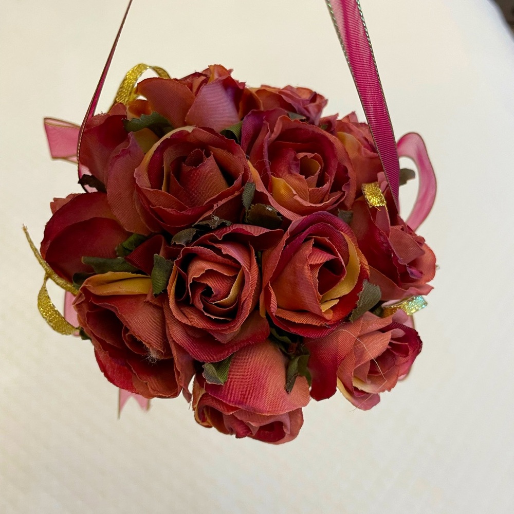 Christmas Tussie Mussie cone filled with Mauve Roses / Mauve and Gold Ribbon